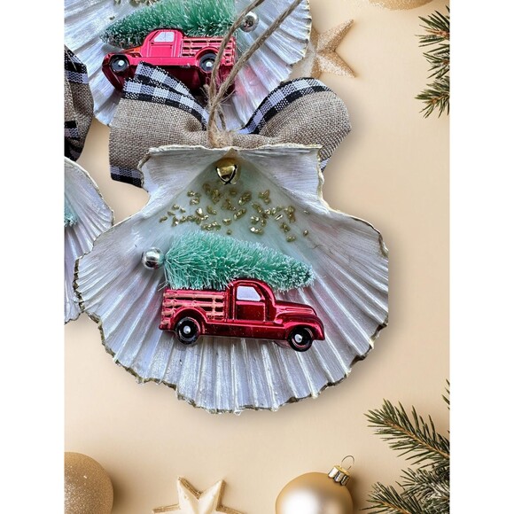 4 Scallop Shell Christmas Ornaments, Vintage Red Truck, Burlap Bow Coastal Decor - Picture 3 of 4
